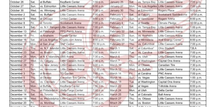 Calendario de los Detroit Red Wings 2024-25; formato PDF imprimible