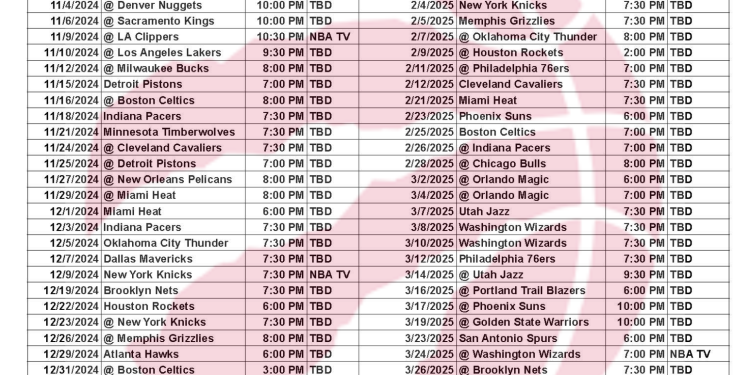 Calendario imprimible de los Toronto Raptors 2024-25; transmisiones televisivas y enfrentamientos