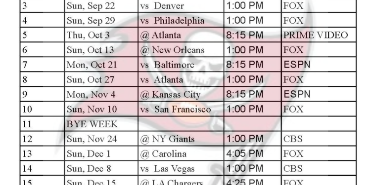 Tampa Bay Buccaneers 2024 para imprimir; enfrentamientos y transmisiones televisivas