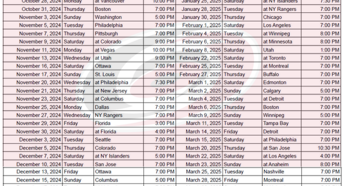 Calendario de los Carolina Hurricanes 2024-25; formato PDF imprimible