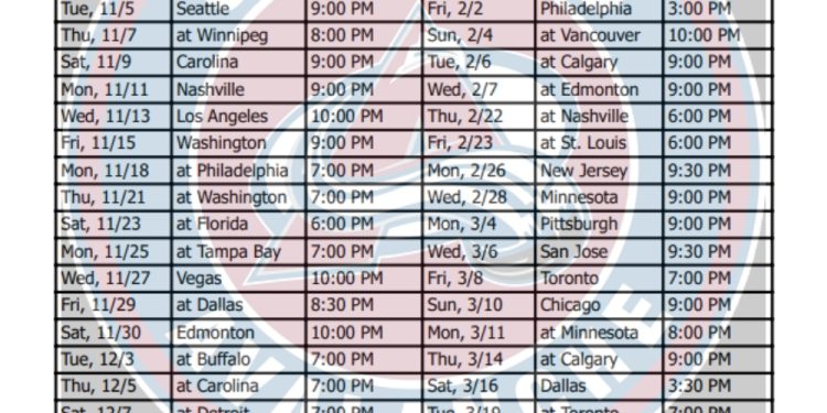 Calendario de Colorado Avalanche 2024-25; formato PDF imprimible