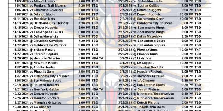 Calendario imprimible de los New Orleans Pelicans 2024-25; transmisiones televisivas y enfrentamientos