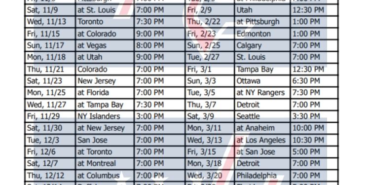 Calendario de Washington Capitals 2024-25; formato PDF imprimible