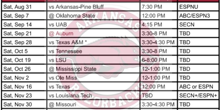 Calendario de fútbol de Arkansas 2024 para imprimir; enfrentamientos y transmisión televisiva
