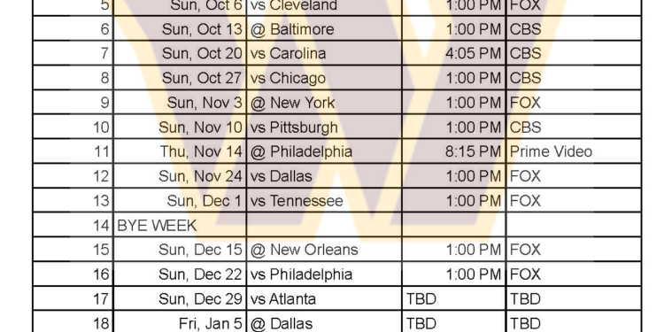 Calendario imprimible de los Washington Commanders 2024; enfrentamientos y transmisiones televisivas