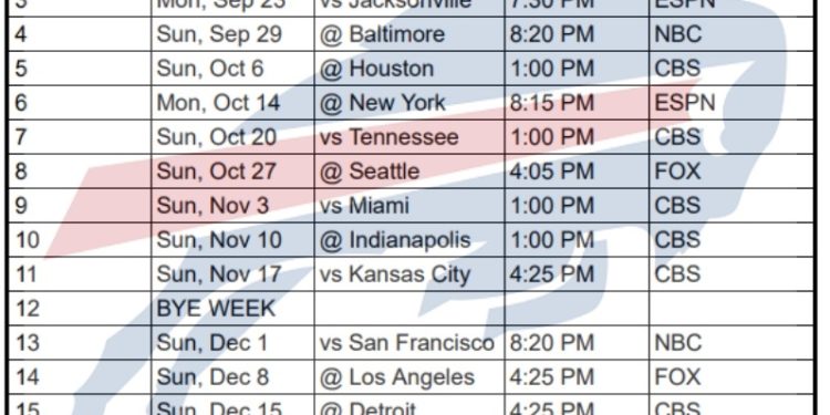 Calendario imprimible de los Buffalo Bills 2024; enfrentamientos y transmisiones televisivas