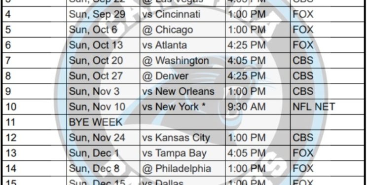 Calendario imprimible de los Carolina Panthers 2024; enfrentamientos y transmisiones televisivas