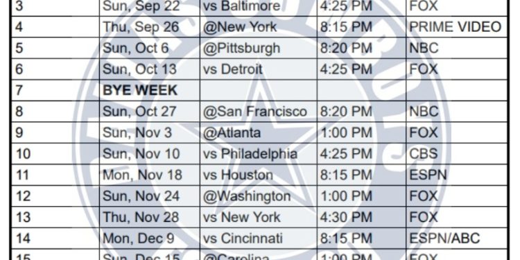 Calendario imprimible de los Dallas Cowboys 2024; enfrentamientos y transmisiones televisivas