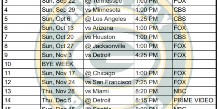 Calendario imprimible de los Green Bay Packers 2024; enfrentamientos y transmisiones televisivas