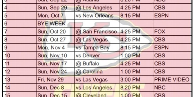 Calendario imprimible de los Kansas City Chiefs 2024; enfrentamientos y transmisiones televisivas