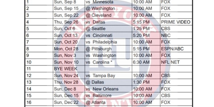 Calendario imprimible de los NY Giants 2024; enfrentamientos y transmisiones televisivas