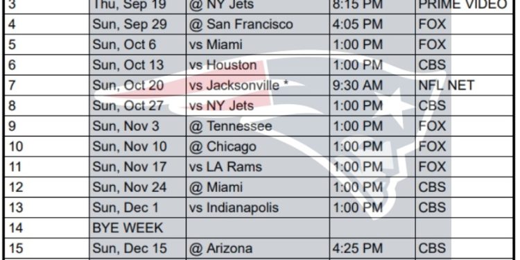 Calendario imprimible de los New England Patriots 2024; enfrentamientos y transmisiones televisivas