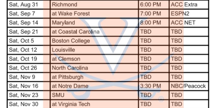 Calendario de fútbol de Virginia 2024 para imprimir; enfrentamientos y transmisión televisiva