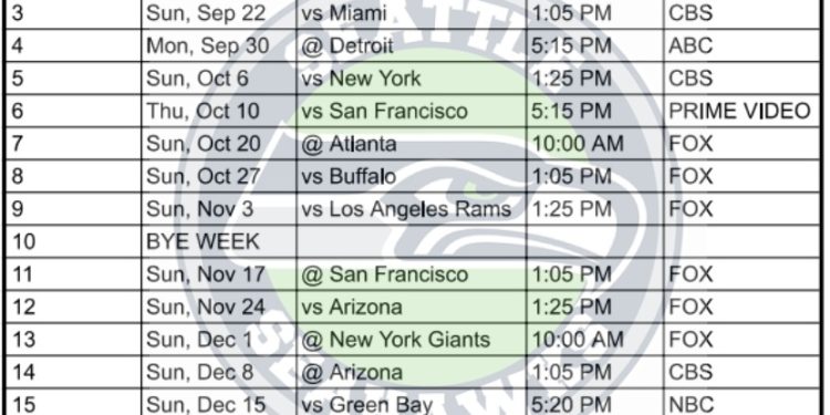Calendario imprimible de los Seattle Seahawks 2024; enfrentamientos y transmisiones televisivas