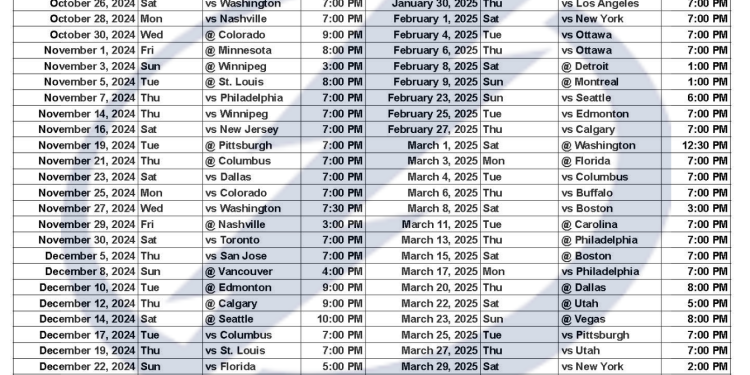 Calendario de los Tampa Bay Lightning 2024-25; formato PDF imprimible