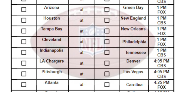 Hoja de selección de la NFL 2024, semana 6; imprimible, formato PDF