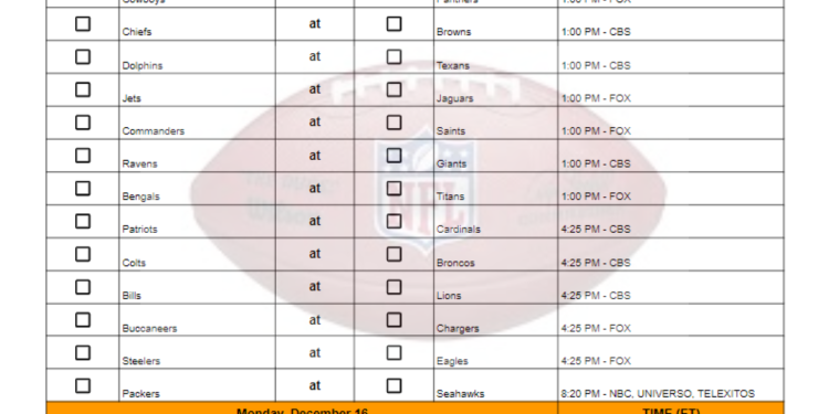 Semana 15 de la hoja de selección de la NFL de 2024; Imprimible, formato PDF