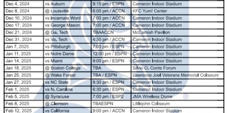 Calendario imprimible de baloncesto de Duke 2024-25; Transmisiones de televisión y más