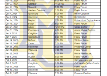 Calendario imprimible de baloncesto de los Marquette Golden Eagles 2024-25; Transmisiones de TV, enfrentamientos