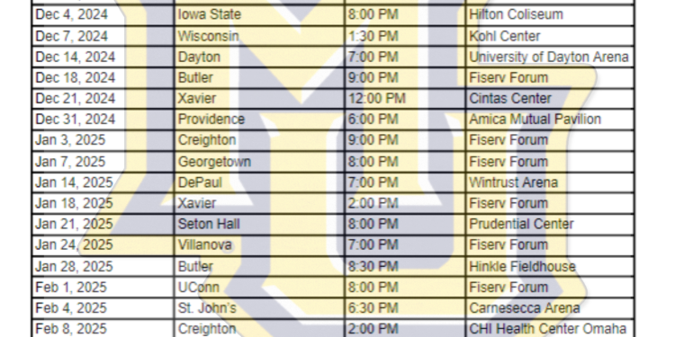 Calendario imprimible de baloncesto de los Marquette Golden Eagles 2024-25; Transmisiones de TV, enfrentamientos