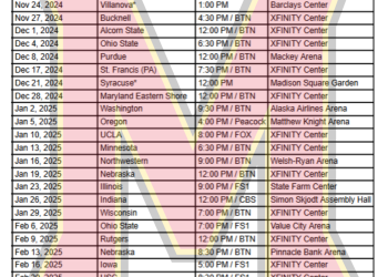 Calendario imprimible de baloncesto de los Maryland Terrapins 2024-25; Transmisiones de TV, enfrentamientos