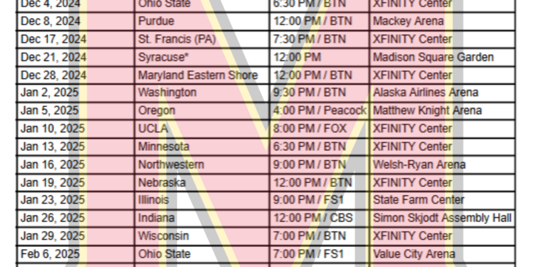 Calendario imprimible de baloncesto de los Maryland Terrapins 2024-25; Transmisiones de TV, enfrentamientos