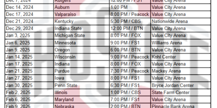 Calendario imprimible de baloncesto de los Ohio State Buckeyes 2024-25; Transmisiones de TV, enfrentamientos