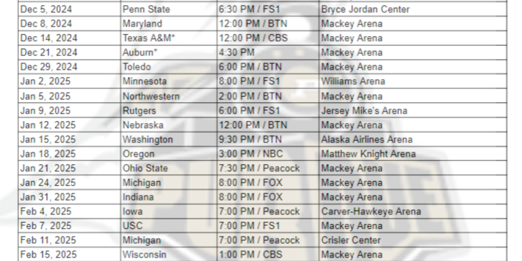 Calendario imprimible de baloncesto de Purdue Boilermakers 2024-25; Transmisiones de TV, enfrentamientos