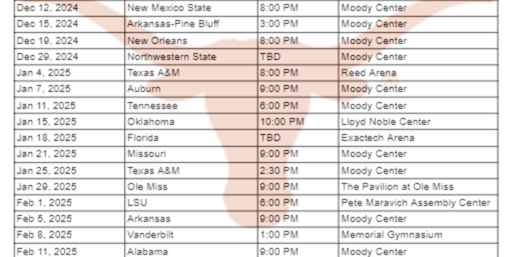 Calendario imprimible de baloncesto de los Texas Longhorns 2024-25; Transmisiones de TV, enfrentamientos