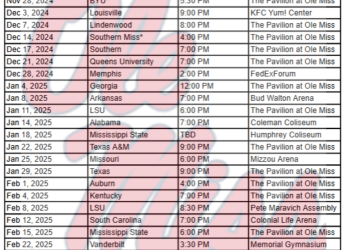 Calendario de baloncesto imprimible de Ole Miss Rebels 2024-25; Transmisiones de TV, enfrentamientos
