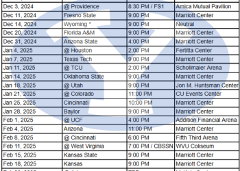 Calendario imprimible de baloncesto de los BYU Cougars 2024-25; Transmisiones de TV, enfrentamientos