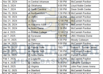 Calendario imprimible de baloncesto de los Yellow Jackets de Georgia Tech 2024-25; Transmisiones de TV, enfrentamientos