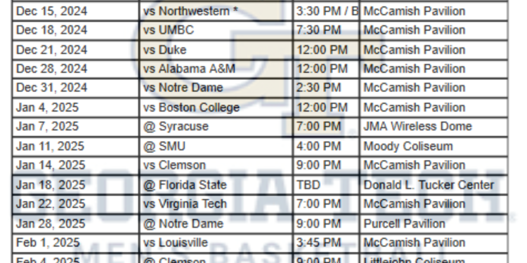 Calendario imprimible de baloncesto de los Yellow Jackets de Georgia Tech 2024-25; Transmisiones de TV, enfrentamientos