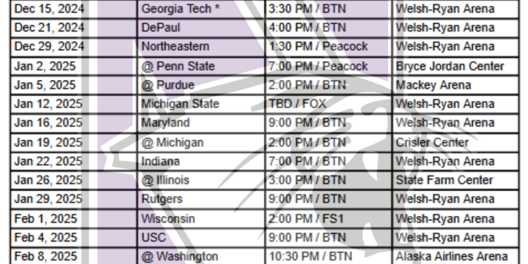 Calendario imprimible de baloncesto de los Northwestern Wildcats 2024-25; Transmisiones de TV, enfrentamientos