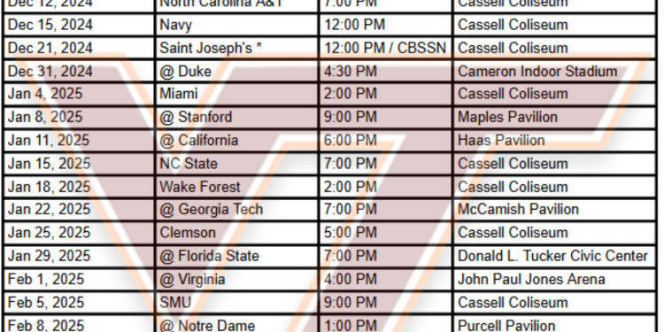 Calendario imprimible de baloncesto de los Virginia Tech Hokies 2024-25; Transmisiones de TV, enfrentamientos