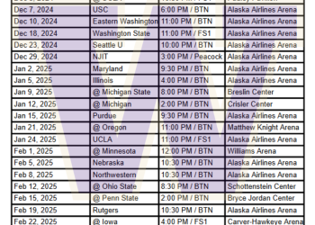 Calendario imprimible de baloncesto de los Washington Huskies 2024-25; Transmisiones de TV, enfrentamientos