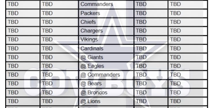 Horario imprimible 2025 Dallas Cowboys; Enfrentamientos y transmisiones de TV