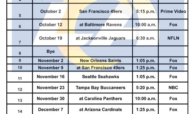 Horario imprimible 2025 La Rams; Enfrentamientos y transmisiones de TV