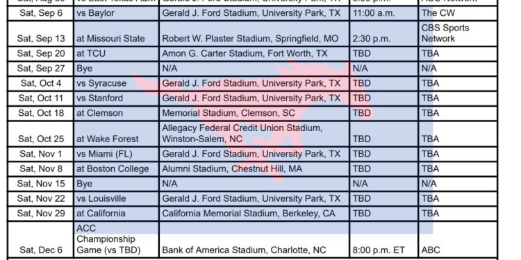 2025 horario de fútbol SMU; Imprimible, enfrentamientos y televisión