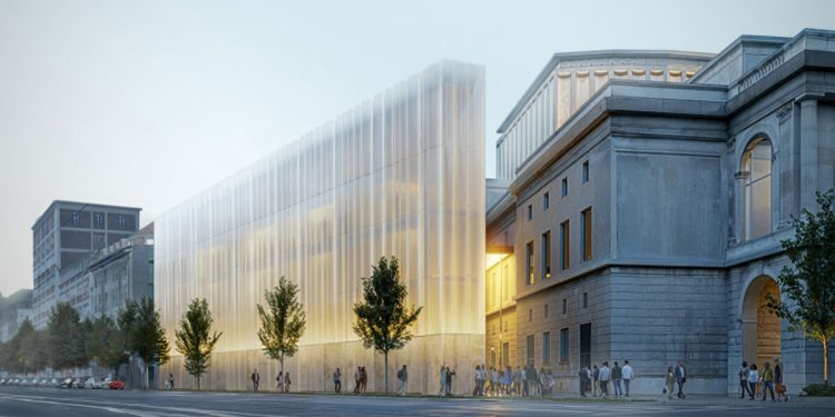 Fachada de drapeas de vidrio por Henn Revive Historic Augsburg Theatre en Alemania