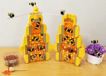 colmena hecha de ladrillos de lego se desarrolla para revelar los insectos que funcionan