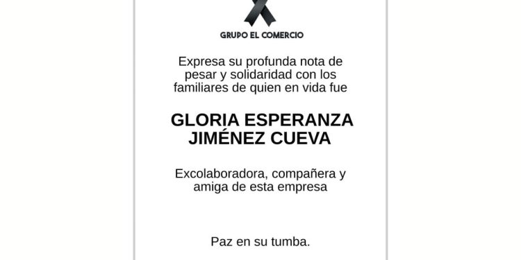 Falleció Gloria Jiménez, Excolaborador de el Comercio y Referente en relatos Públicas