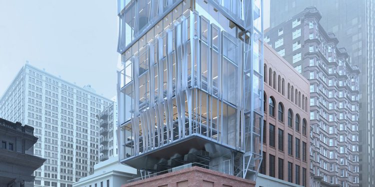 paneles de metal perforados Vestida de oficina flotando sobre st. Edificio de Columbia Centualy de Louis