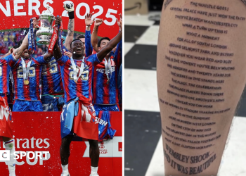 Fan de Crystal Palace Tattoos BBC Radio 5 Comentario final de la Copa FA en vivo en su pierna