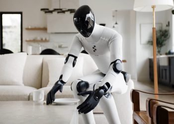 La figura del robot humanoide 03 actúa como ama de llaves como un ser humano real.