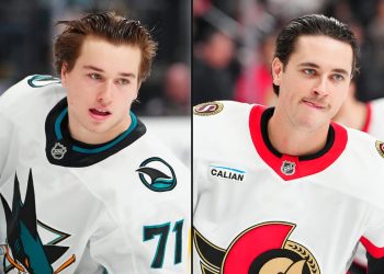 Tiburones, los senadores se deshacen de los cascos para calentar en Las Vegas. ¿Rompieron una regla de la NHL?