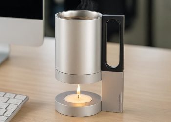 Taza de oficina con vela candelita encendida que mantiene tus bebidas calientes.