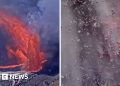 Momento en que la erupción del volcán Hawaii envuelve la cámara
